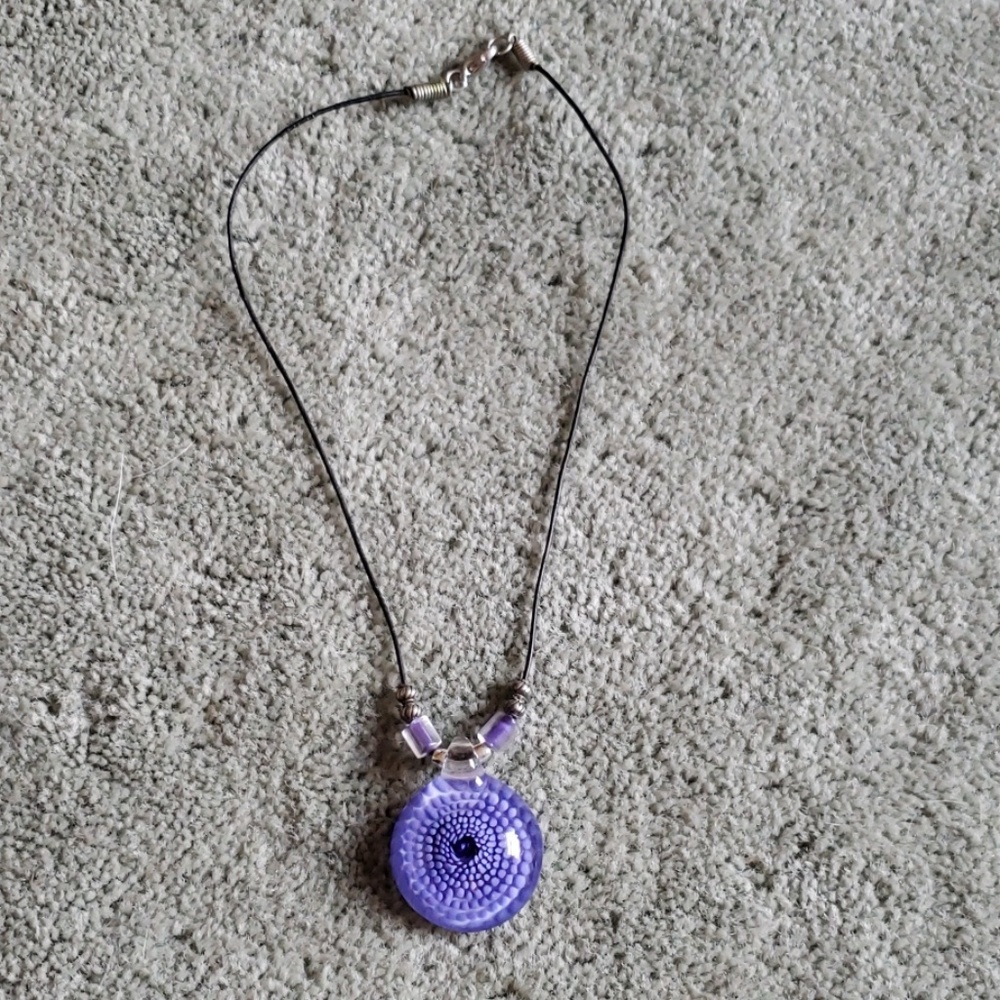 Purple glass flower pendant w/ black chain